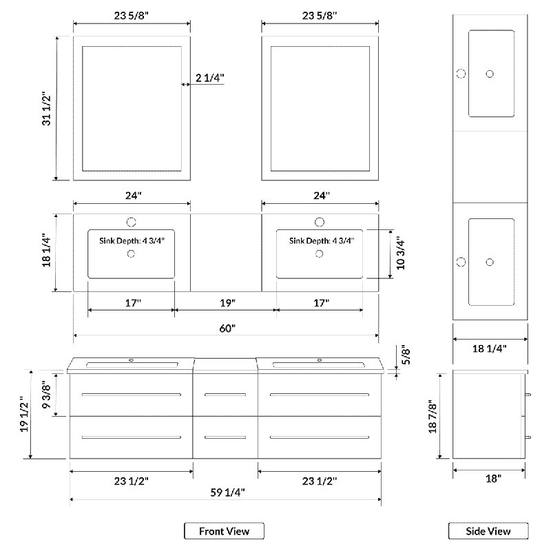 Ensemble de meuble-lavabo de salle de bain double fixé au mur 60 po avec miroir Morford, Blanc