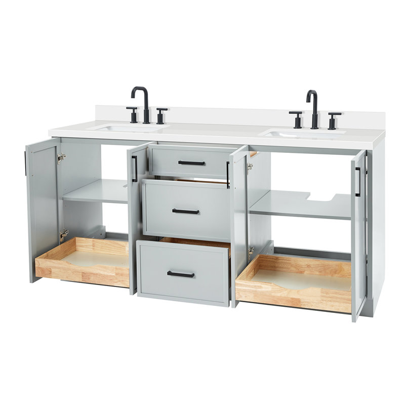 Meuble-lavabo à double cuve ARIEL Kelly 73 avec comptoir en quartz pur, Forme rectangulaire, Gris, Quartz blanc pur