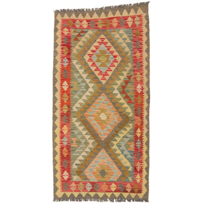 Rectangle 99 cm x 188 cm Geometric Wool Hand Woven Kilim
