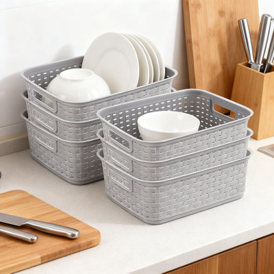 Plastic Weave Storage Baskets, 6-Pack Organizer Bins With Wicker Look For Countertops, Shelves, And Tabletop Craft And Jewelry Organization