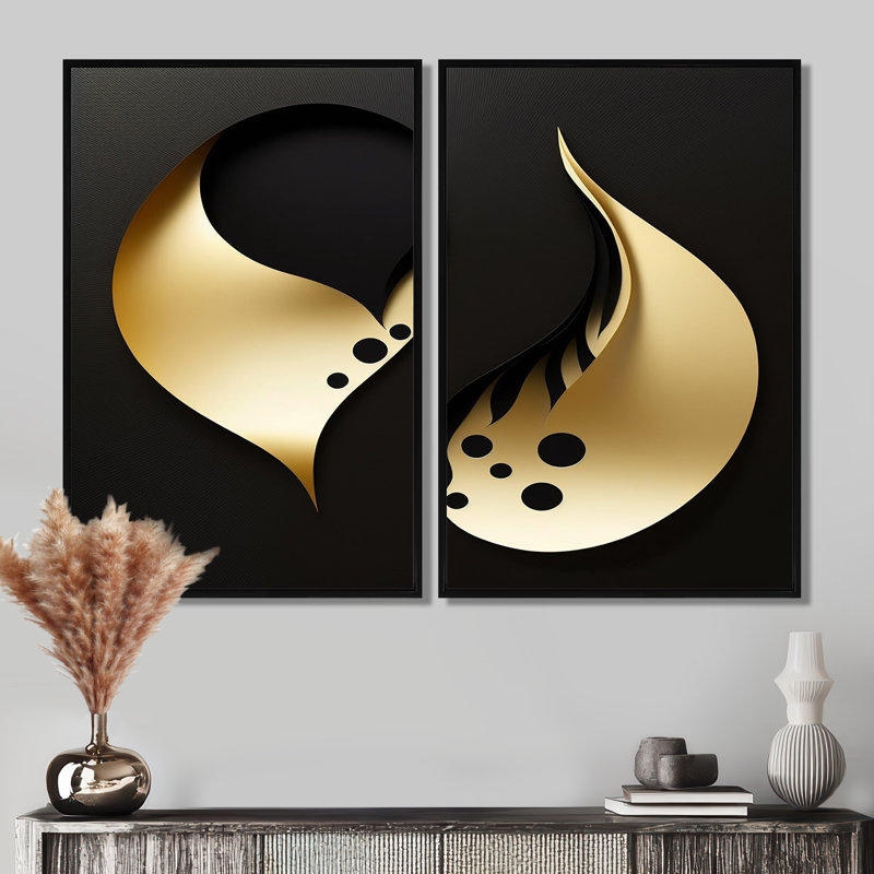 Gouttelettes dorées sur fond noir - grande décoration murale géométrique abstraite, Noir, noir, noir, noir, H 36 po x l 48 po