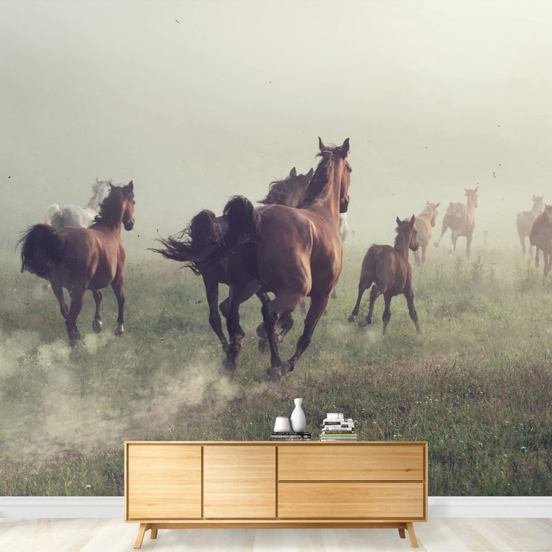 Groupe de grands papiers peints auto-adhésifs Group of Horses on The Meadow at The Morning, L 66 po x l 96 po