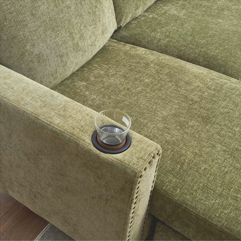 Canapé modulaire en L à 3 places avec méridienne de rangement, Chenille verte