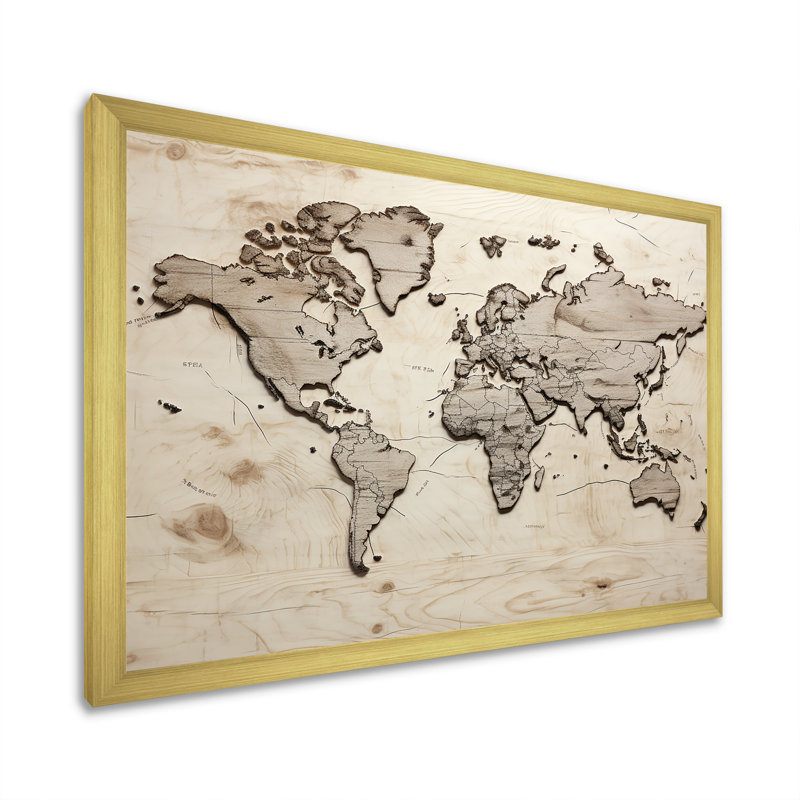 Carte du monde rustique sur toile, Cadre doré simple, H 30 po x l 40 po x P 1,5 po