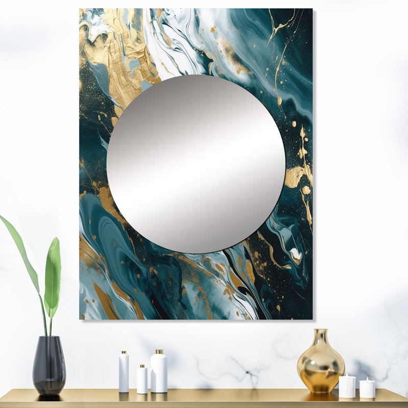 Kyzaiah bleu et or Serene Cascade - miroir mural abstrait unique, miroir bleu, impression d'art en métal, 40 po x 30 po