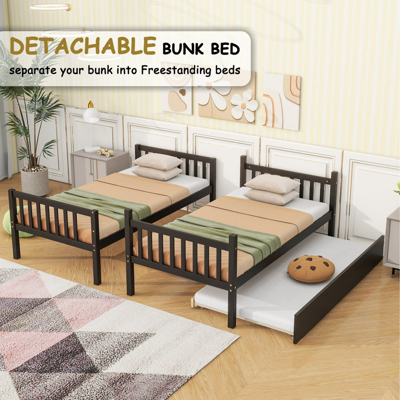 Twin Over Twin Solid Wood Bunk Bed With Trundle&Ladder, Convertible Into Twin Size Beds, Espresso