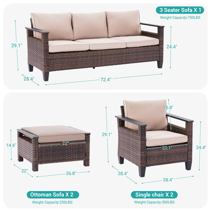 Ensemble de canapé de patio 5 pièces avec repose-pieds en osier de rotin PE toutes saisons, Sable