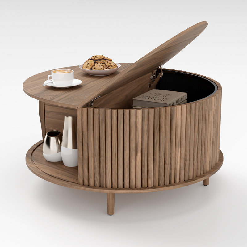 Mid Century Modern Round Coffee Table With Storage, Brown Wood