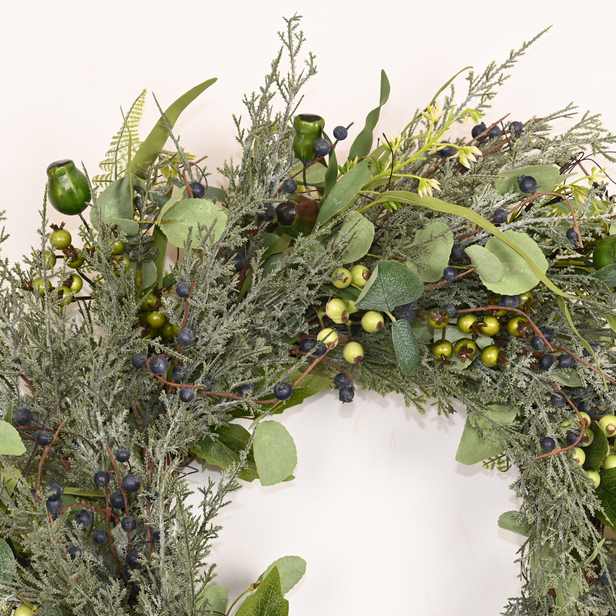 24" Artificial Farmhouse Blossom Cluster Greenery Cypress Eucalyptus Berry Christmas Day Winter Front Door Wreath, Blue/Green