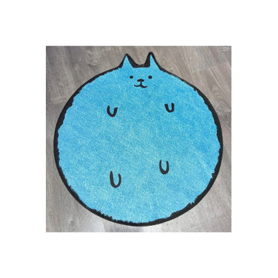 Blue Cat Patterned Decorative Washable Round Rug