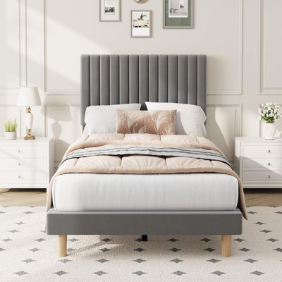 Twin Size Velvet Upholstered Platform Bed Frame with Adjustable Height Headboard, No Box Spring Needed, Easy Assembly - Grey