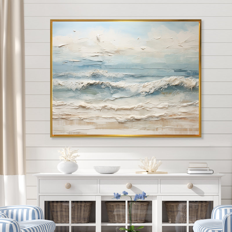 Peinture de plage côtière beige et bleue - Reproductions encadrées de plage côtière, Reproduction avec cadre flottant, Doré
