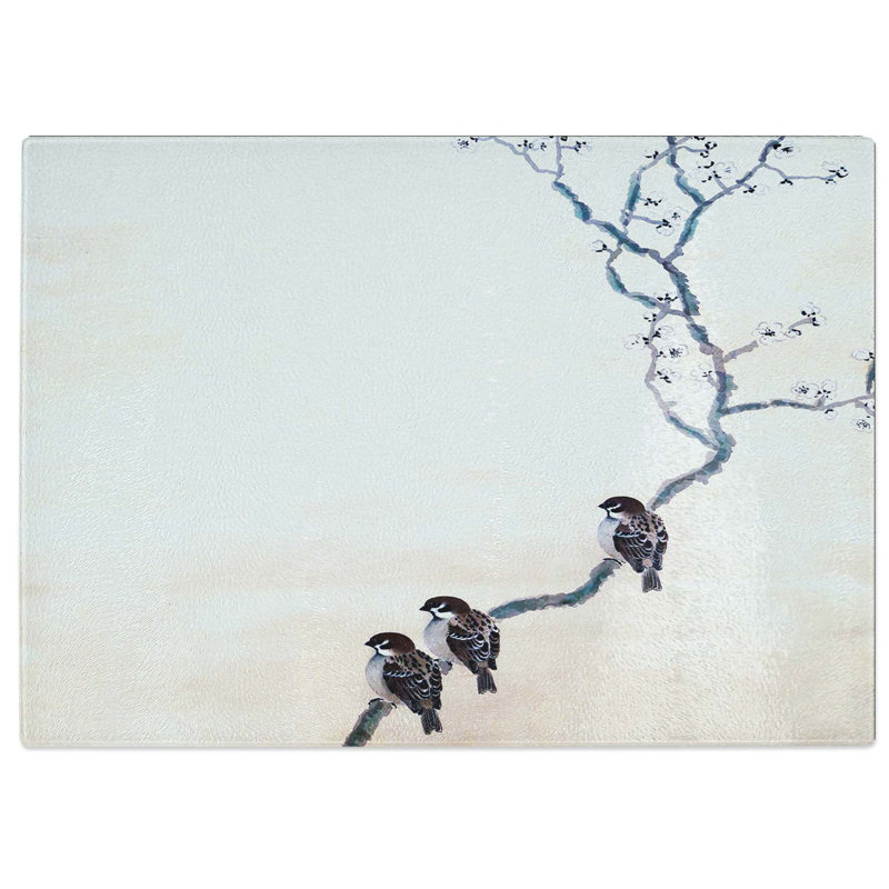 Tempered Glass Three Birds on a Branch by Hishida Shunso Chopping Board, 28.5 cm W x 20 cm L