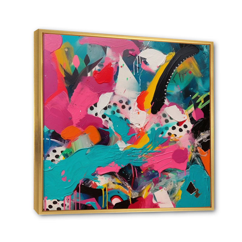«Rose and Turquoise Abstract Enigma II», art mural abstrait grand, 30" H x 30" W, Cadre flottant doré