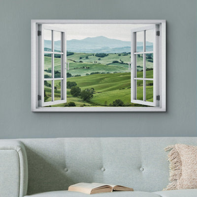Fenêtre de paysage «Window View Emerald Green Rolling Hills Countryside Farmland Nature Images Decor Rustic Landscape» sur toile