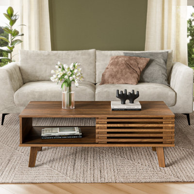 Enely Coffee Table with Storage, Mid Century Modern Coffee Table with slatted Door