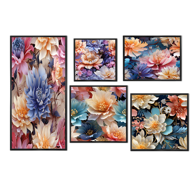 Ison - ensemble de 5 décorations murales florales, Cadre flottant noir