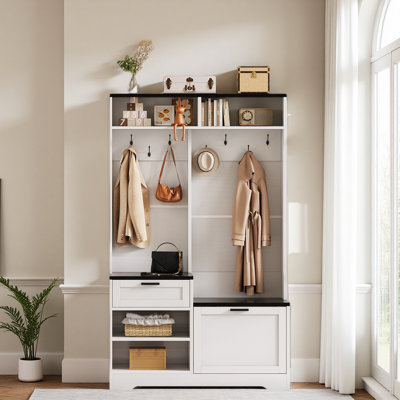 Hall Tree With Bench And Shoe Storage, 6-In-1 Entryway Organizer, 43.3" X 15.75" X 70.87", MDF Wood