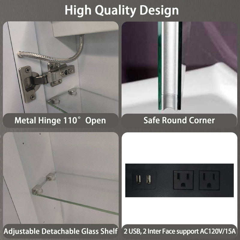 Kyante  Aluminum  Medicine Cabinet with LED Mirror for Bathroom,  Wall Mounted Surface led Medicine Cabinet, Defog, Stepless Dimming, 3 Color Change, 2 Outlets, 2USB