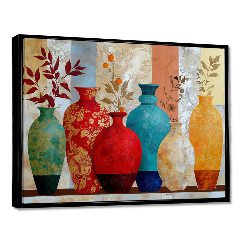 «Boho Plants Moroccan Vases - Morocco Pottery», reproduction d'art sur toile rouge, H 34 po x l 44 po, Cadre flottant, Noir
