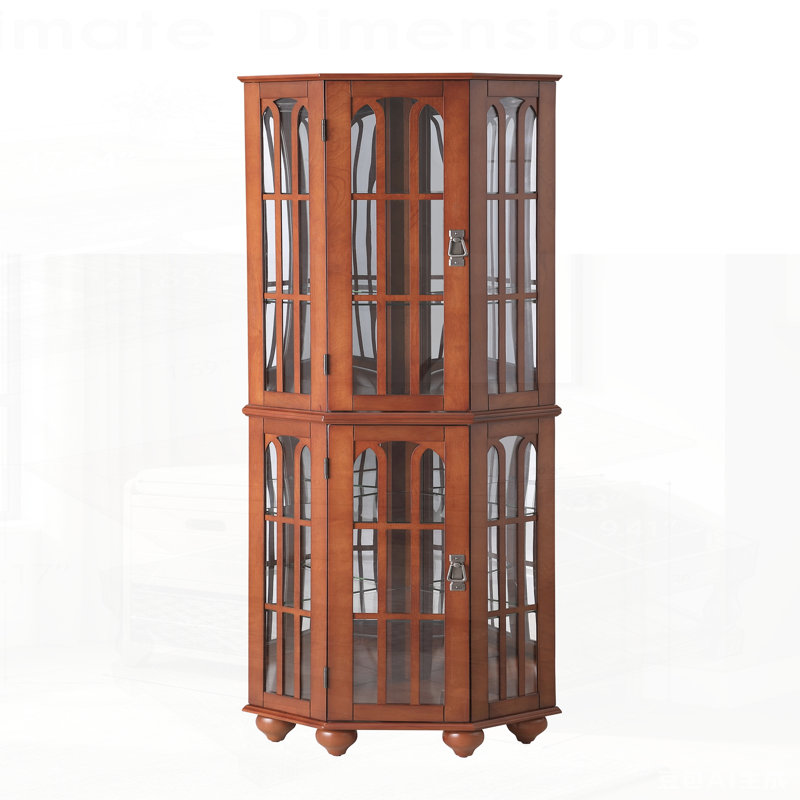 Corner Curio Cabinet with 4 Adjustable Tempered Glass Shelves and Lighting System, Solid Wood Legs, Acrylic Mirrored Back Panel