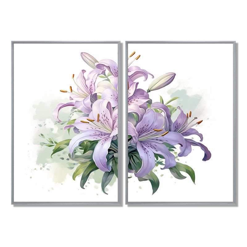 Mauve et vert lys symphonie I - art mural traditionnel blanc 2 panneaux, H 36 po x l 48 po, Argent argent