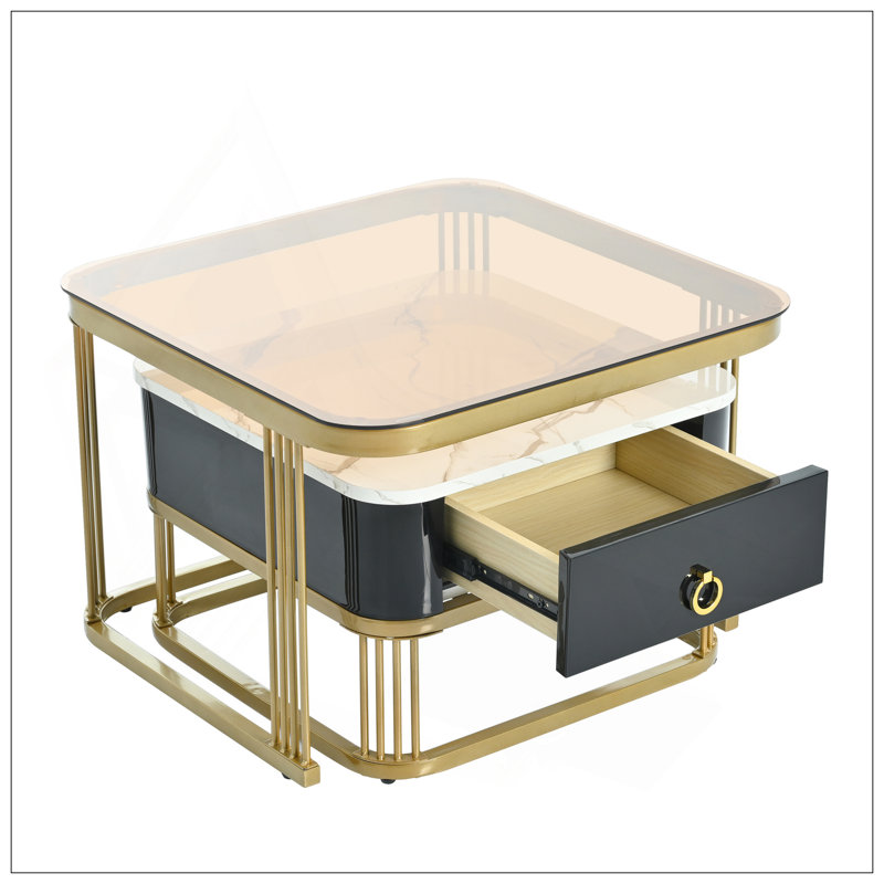 Ensemble de tables basses modernes avec tiroir et plateau de table en grain de marbre, idéal pour le salon et les petits espaces.