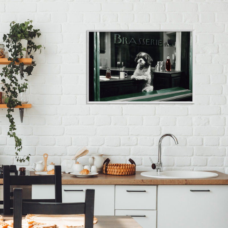 «Brasserie Vintage Dog in Window», dessin par Annabelle Hall, H 16 po x l 24 po, Giclée encadrée blanc bord de mer
