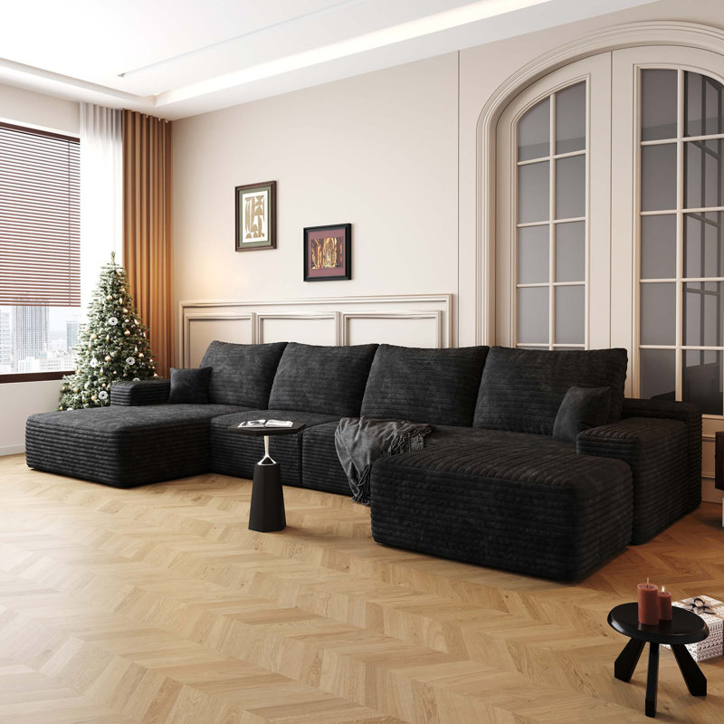 Canapé modulaire Cloud avec repose-pieds, conception minimaliste modulaire sans assemblage requis, Black Corduroy, Foam
