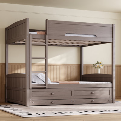 Lit superposé Queen Size avec lit gigogne et tiroirs de rangement, sommier à lattes en bois, sans sommier tapissier, gris antique
