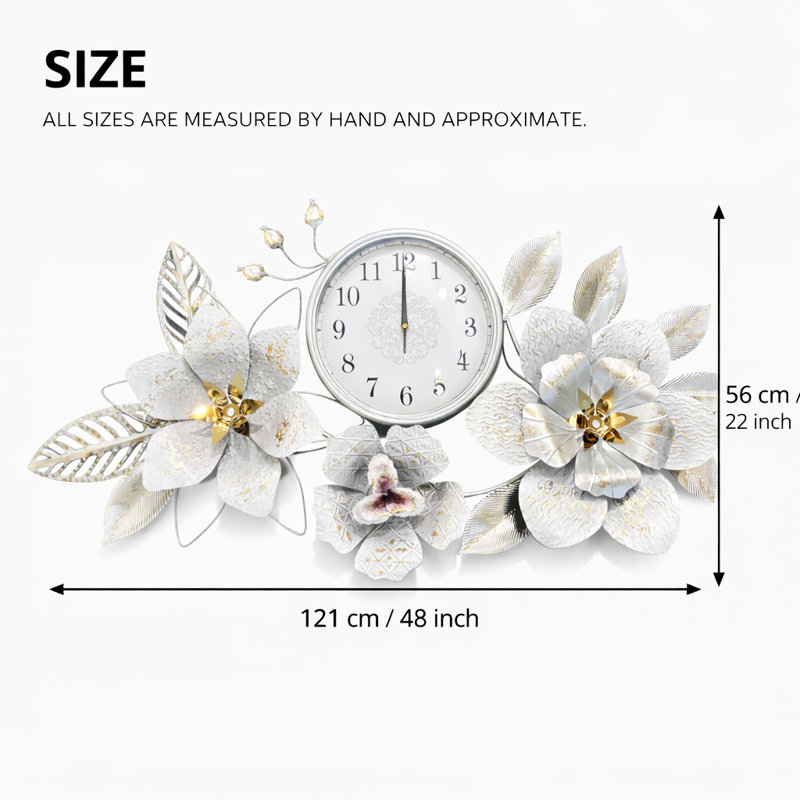 Grande horloge murale florale en métal argenté, art mural horizontal élégant, au-dessus du lit, canapé, décoration de salon