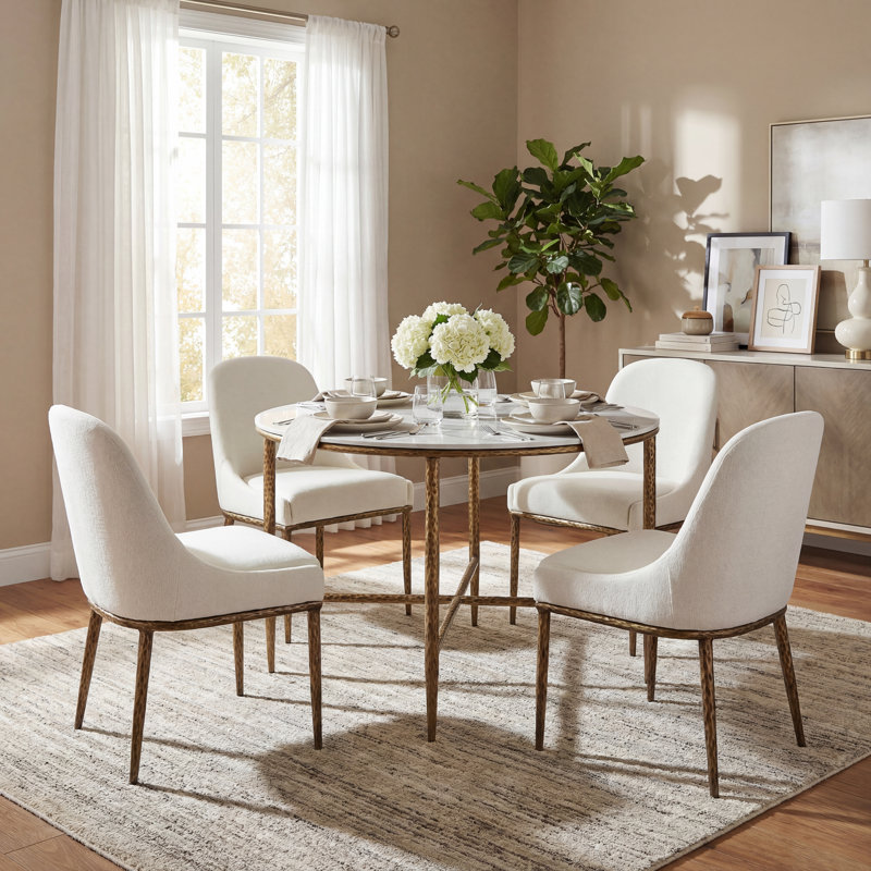 Fernand 5-Piece Dining Table Set With Sintered Stone Top & Upholstered Chairs, Beige/Forged Brass, Forged Brass