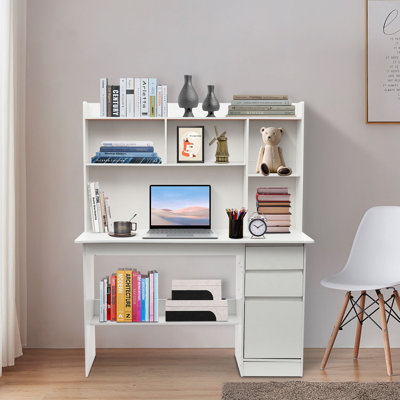 47.2in Home Office Desk Rectangular Wood Computerdesk with Open Shelves 2 Drawers and Cabinet for Bedroom Study Dorm Office