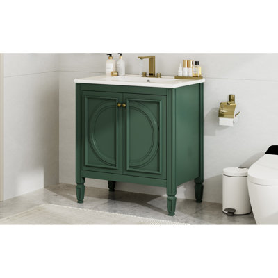 Meuble-lavabo de 30 po avec lavabo, esthétique rétro, charnières en métal - Armoire de rangement, tablette et tiroir en céramique, mécanisme de porte silencieux et deux portes réglables
