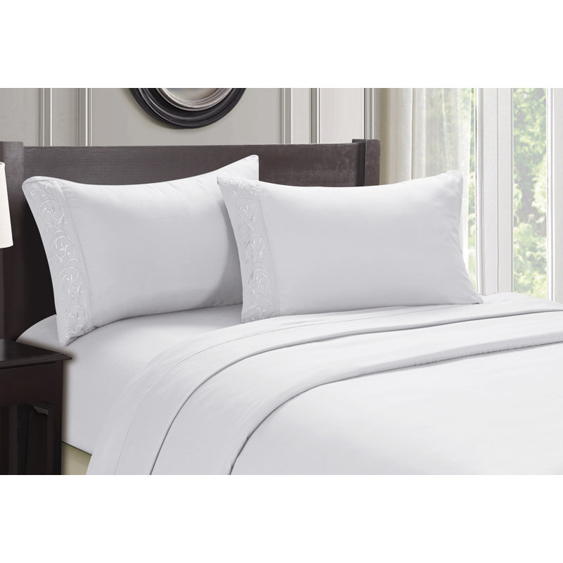 Microfiber Embroidered Sheet Set, Twin, Gray
