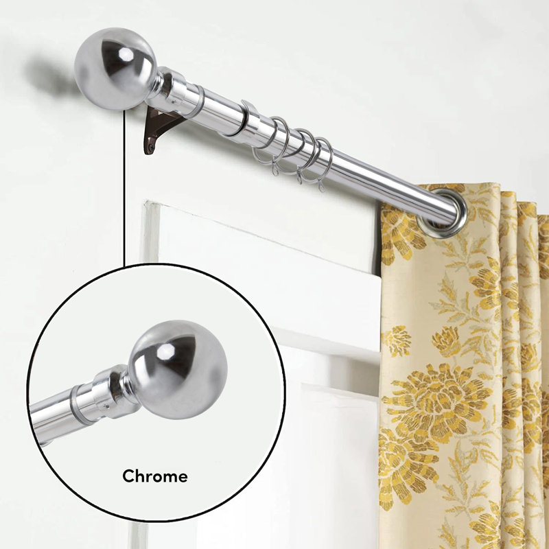 Waloo Premium-Quality Adjustable Plain Metal Curtain Rod for Heavy Room Darkening Panels (with Finials), 70-120cm, Chrome