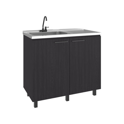 Freestanding Multi - Purpose Sink With Integrated Faucet And Stable Legs, Black + Dark Walnut, For Laundry Workshop, 38.75 In Wide Utility Deep Basin Plastic Faucet, Ideal Kitchen Areas, 77.88 Lb