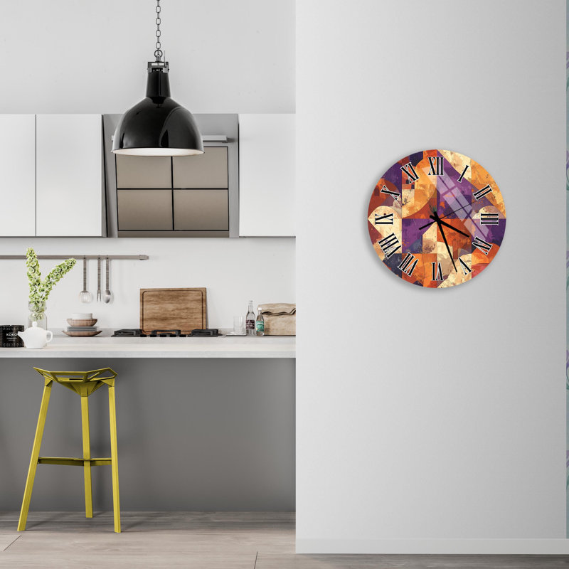 Horloge murale en verre trempé, horloge d'art abstrait, horloge ronde, décoration moderne, horloge murale mauve et orange