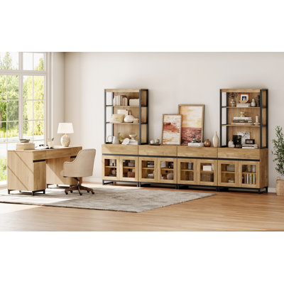 Office Furniture Set: 59In Modern Executive Desk With Charging Station And Drawers And Two 72In Tall Bookcases With 3 Tiers And 4 Cabinets,Office Fur