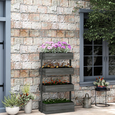 Jardinière verticale en bois, boîte à 4 niveaux pour fleurs d'extérieur, légumes, herbes, auto-drainant, plantes grises, auto-drainant avec tissu non tissé, abat-jour