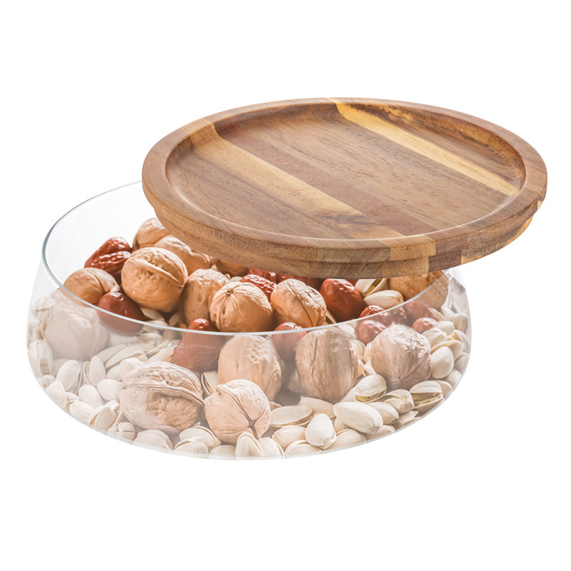 Plateau de rangement pour aliments en verre avec couvercle en bois, Transparent
