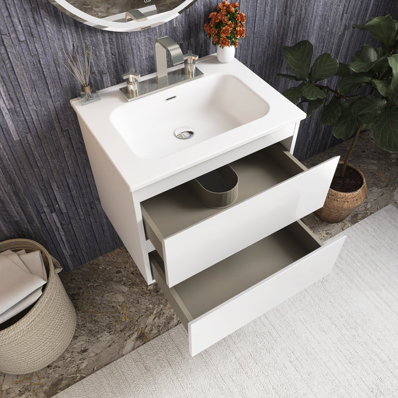 Meuble-lavabo mural 24 po avec lavabo en céramique et trois trous de robinet, Blanc