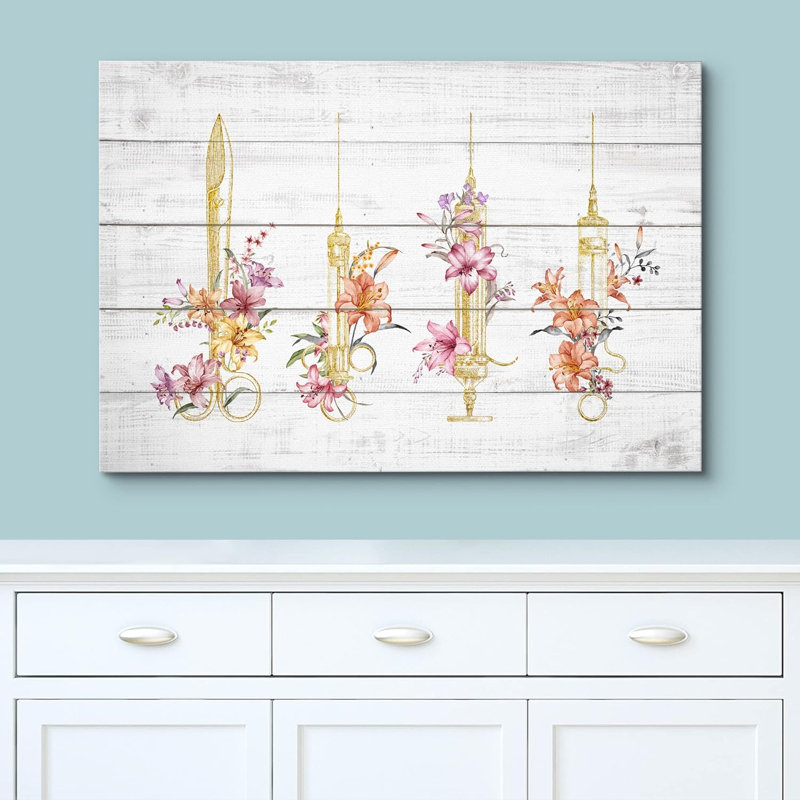 Panneau de bois effet aiguilles de médecin fleurs santé médicale moderne art floral botanique décoration murale