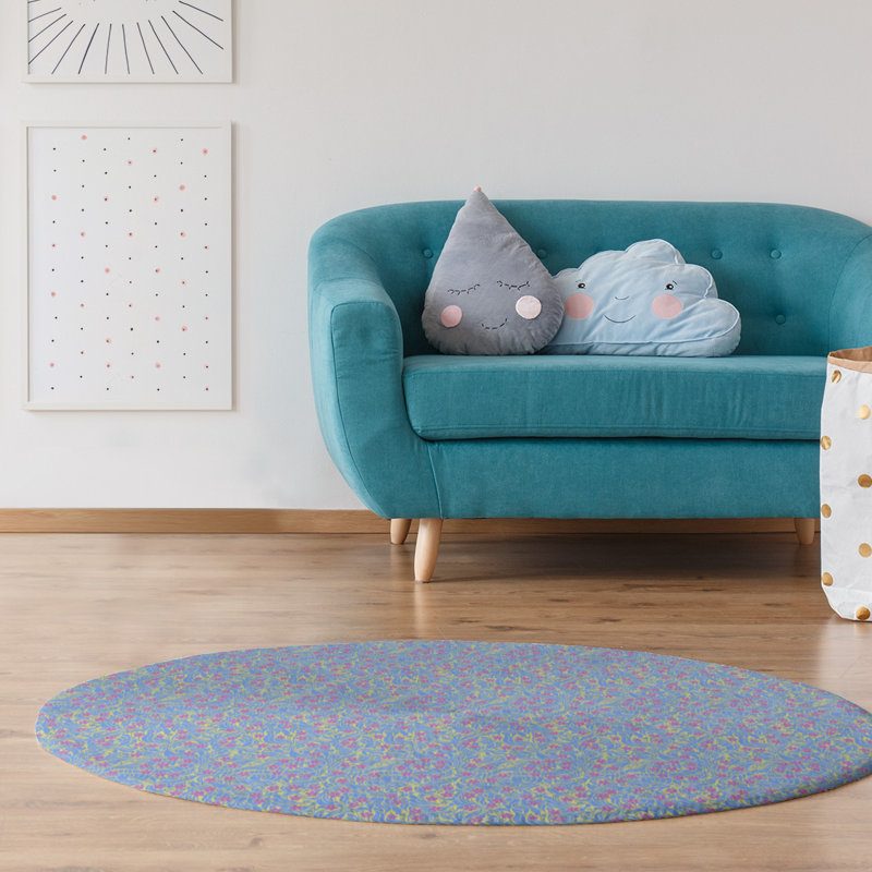 Tapis bleu clair/jaune/rouge à motif floral, Rond 5 pi