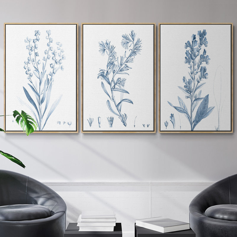 Ensemble de 3 pièces botaniques antiques en bleu I sur toile tendue, H 40 po x l 78 po, Naturel