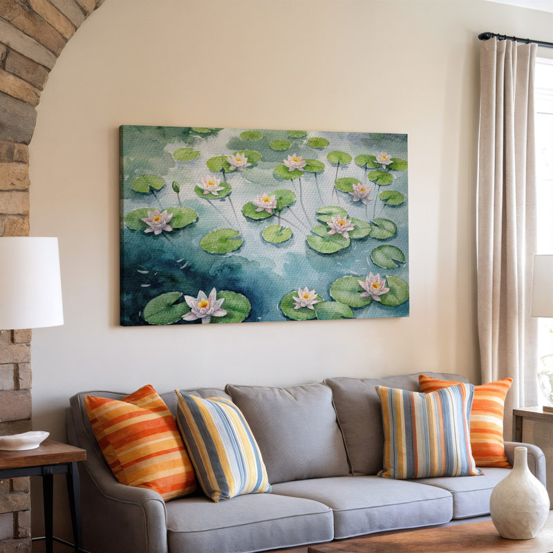 Toile, art aquarelle serein impressionniste représentant un étang tranquille rempli de délicats nénuphars roses flottant sur toile