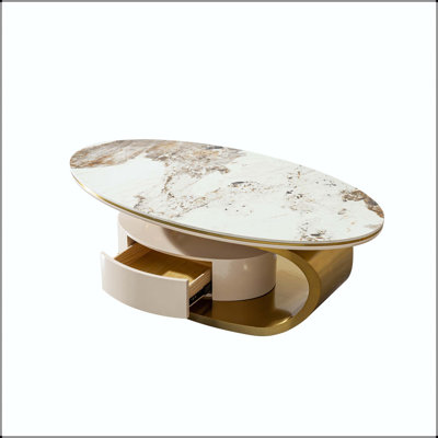 Table basse 51,18 po ovale avec tiroir - plateau en pierre frittée, base en acier inoxydable doré
