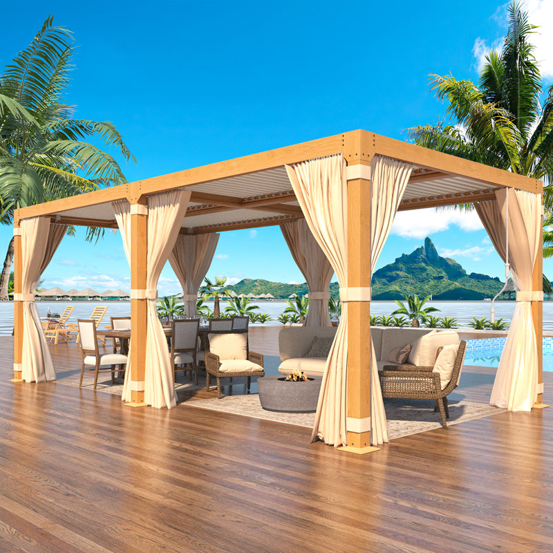 20 ft. W x 10 ft. D Aluminum Pergola with Adjustable Rainproof Louver – Wood-Grain Finish, Removable Curtains & Netting – Extra Long Louvered Pergola for Patio, Pool & Lawn