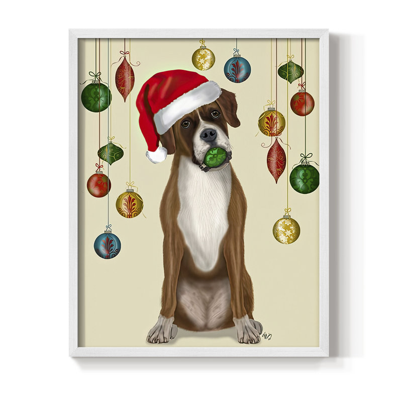 «Christmas Boxer and Bauble Ball», reproduction encadrée - bois massif, H 21 po x l 17 po, Blanc