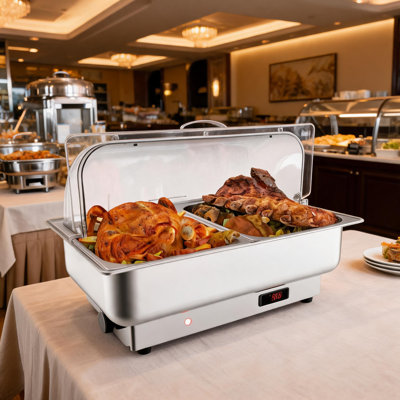2-Pack Electric Roll Top Chafing Dish Buffet Set, 9 Qt Stainless Steel Food Warmer Server - Clear PC Lid - Temp Display - 400W Adjustable Thermostat 86–200°F - 2 x 1/2 Gastronorm Pans